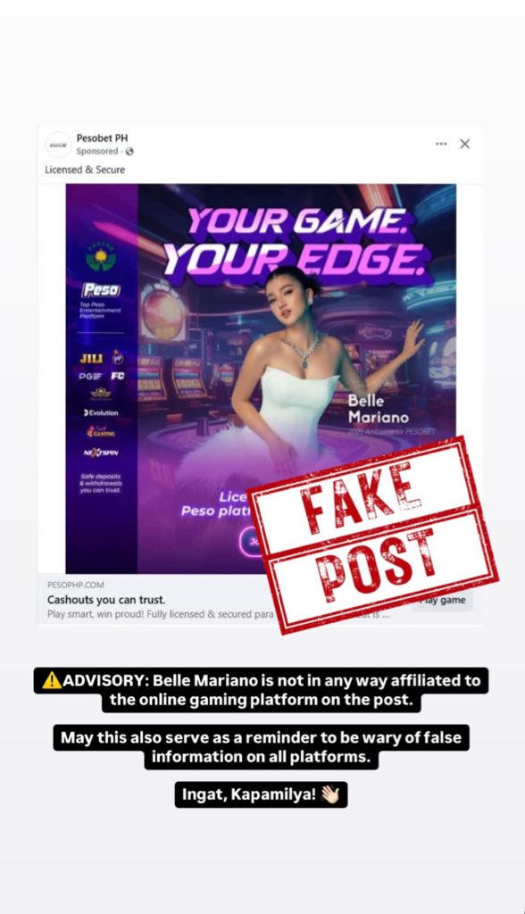 FAKE POST!!!!

Tigil niyo na yang online gaming/gambling niyo. Sayang pera

#BelleMariano