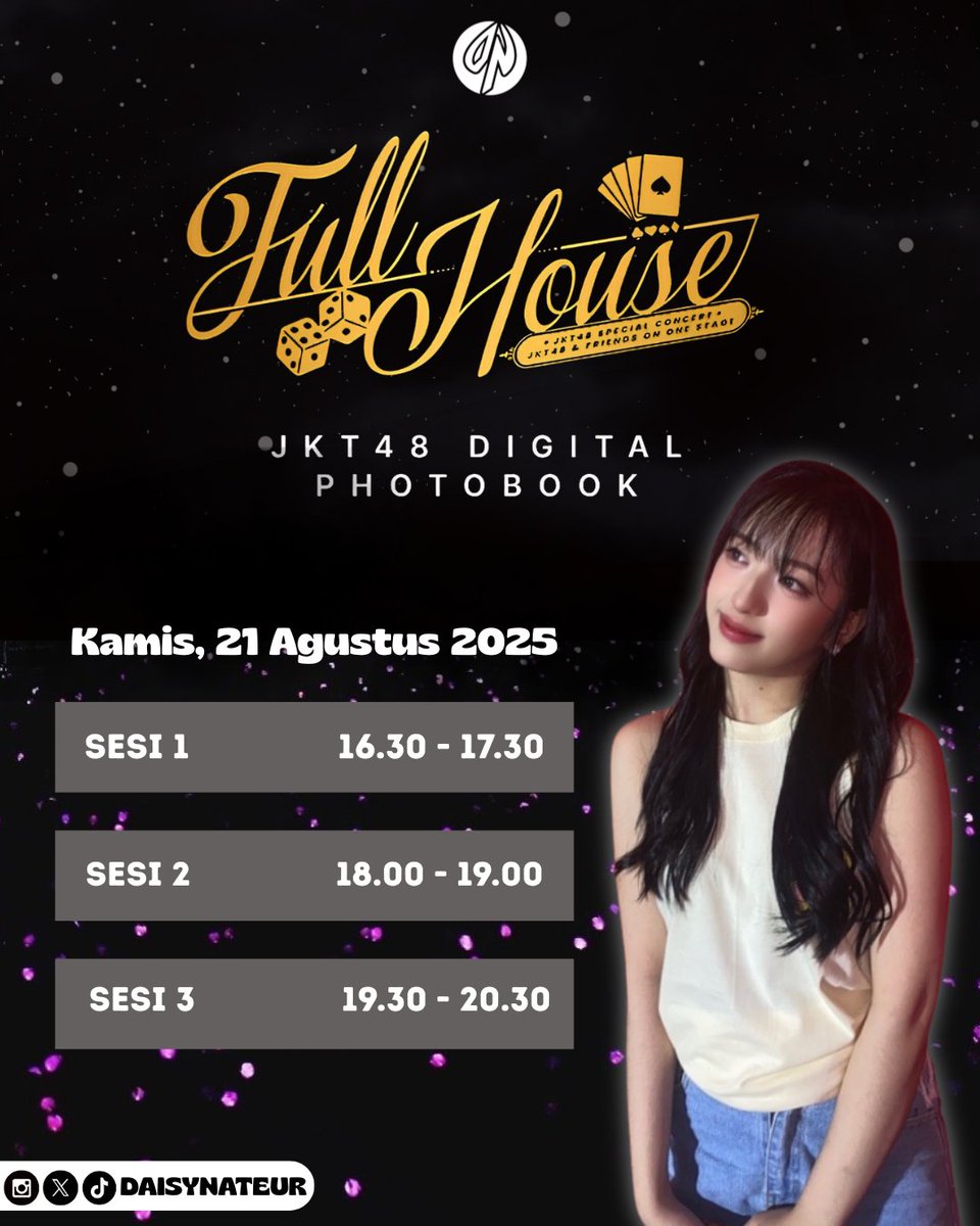 DAISYNATEUR 🌼 (@daisynateur) on Twitter photo Selamat siang, Tomodeci! 🌼🤍
Udah pada kangen sama si <a href="/Daisy_JKT48/">Desy Natalia</a> kan? 😆
Berikut merupakan jadwal video call “JKT48 Special Concert FULL HOUSE |JKT48 & Friends on One Stage”.
Ayo amankan tiketnya dan ramaikan, sampai bertemu di waiting room yaa!!👋 Selamat siang, Tomodeci! 🌼🤍
Udah pada kangen sama si <a href="/Daisy_JKT48/">Desy Natalia</a> kan? 😆
Berikut merupakan jadwal video call “JKT48 Special Concert FULL HOUSE |JKT48 & Friends on One Stage”.
Ayo amankan tiketnya dan ramaikan, sampai bertemu di waiting room yaa!!👋