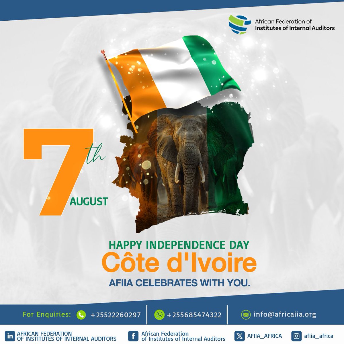 Happy Independence Day, Côte d'Ivoire!
We celebrate 65 years of resilience, unity &amp; progress.
AFIIA stands with IIA Côte d'Ivoire in advancing good governance &amp; a stronger internal audit profession across Africa.
#CôtedIvoire #AFIIA #OneVoice #InternalAudit #Governance