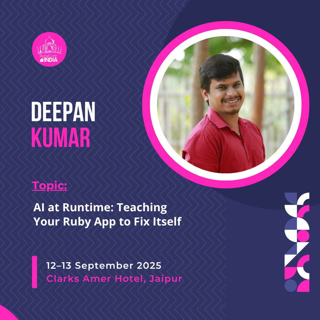 #SpeakerAlert

We’re excited to welcome Deepan Kumar to RubyConf India 2025! He’ll be speaking on “AI at Runtime: Teaching Your Ruby App to Fix Itself” — a session that promises to bend the rules of what's possible in production.

Register now: shorturl.at/eOhB0
#RCI2025