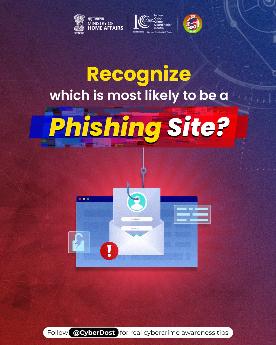 CyberDost I4C (@cyberdost) on Twitter photo Have you seen these websites? Some are real, some are phishing traps.
Can you spot the right ones? 💬 Comment your guesses below.
Correct answers in our Stories this evening — stay tuned!
Follow <a href="/Cyberdost/">CyberDost I4C</a> and stay tuned — kyunki digital duniya mein smart banna zaroori hai! Have you seen these websites? Some are real, some are phishing traps.
Can you spot the right ones? 💬 Comment your guesses below.
Correct answers in our Stories this evening — stay tuned!
Follow <a href="/Cyberdost/">CyberDost I4C</a> and stay tuned — kyunki digital duniya mein smart banna zaroori hai!