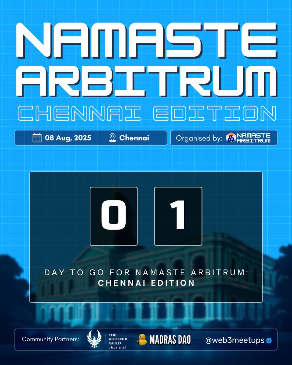 Just 1 day to go – Namaste Arbitrum: Chennai Edition lands tomorrow!

🗓️ 08 Aug, 2025
📍 Chennai

Expect:
🔹 Insightful convos with the local Web3 fam
🔹 Free refreshments &amp; exclusive Arbitrum merch
🔹 Chill vibes to meet collaborators, co-founders &amp; frens

🤝 In collab with 
•