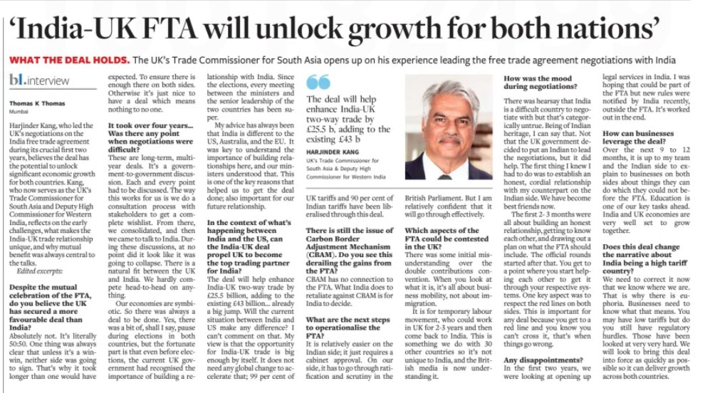 In an interview with <a href="/teekaytee/">Thomas K Thomas</a> from <a href="/businessline/">businessline</a>, <a href="/HMTCSouthAsia/">Harjinder Kang, HM Trade Commissioner (South Asia)</a> shares insights on what it took to get the UK-India landmark trade deal over the line. 

Full interview 👇
thehindubusinessline.com/economy/india-…