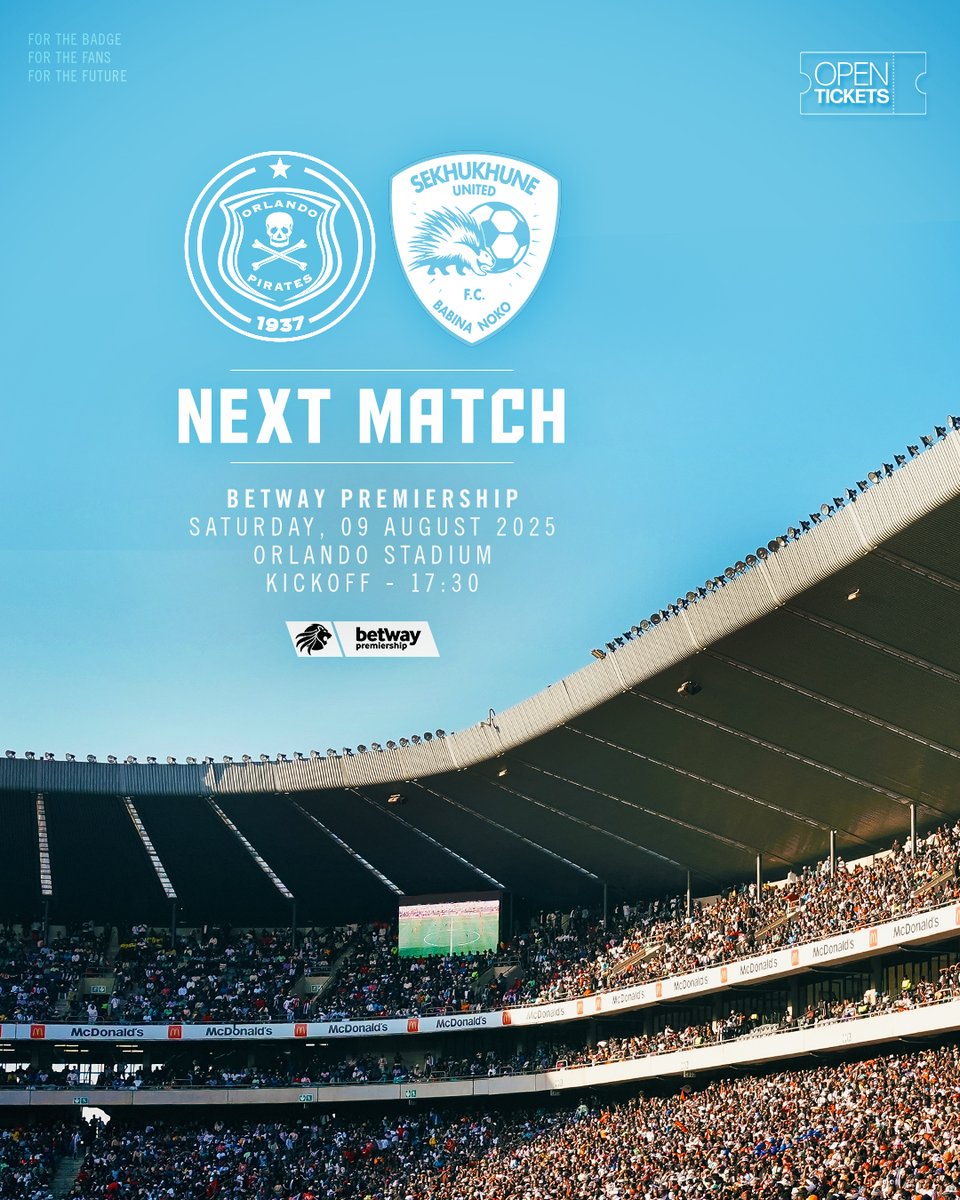 Orlando Pirates (@orlandopirates) on Twitter photo 𝐍𝐄𝐗𝐓_𝐌𝐀𝐓𝐂𝐇
🆚 <a href="/SekhukhuneFc/">Sekhukhune United F.C.</a>
📅 Saturday ,09 August 2025
🏟️ Orlando Stadium
🎫 shorturl.at/9Jyik
⏲️ 17H30
📺 <a href="/SuperSportTV/">SuperSport 🏆</a>
⚫⚪🔴⭐
#OrlandoPirates
#OnceAlways 𝐍𝐄𝐗𝐓_𝐌𝐀𝐓𝐂𝐇
🆚 <a href="/SekhukhuneFc/">Sekhukhune United F.C.</a>
📅 Saturday ,09 August 2025
🏟️ Orlando Stadium
🎫 shorturl.at/9Jyik
⏲️ 17H30
📺 <a href="/SuperSportTV/">SuperSport 🏆</a>
⚫⚪🔴⭐
#OrlandoPirates
#OnceAlways
