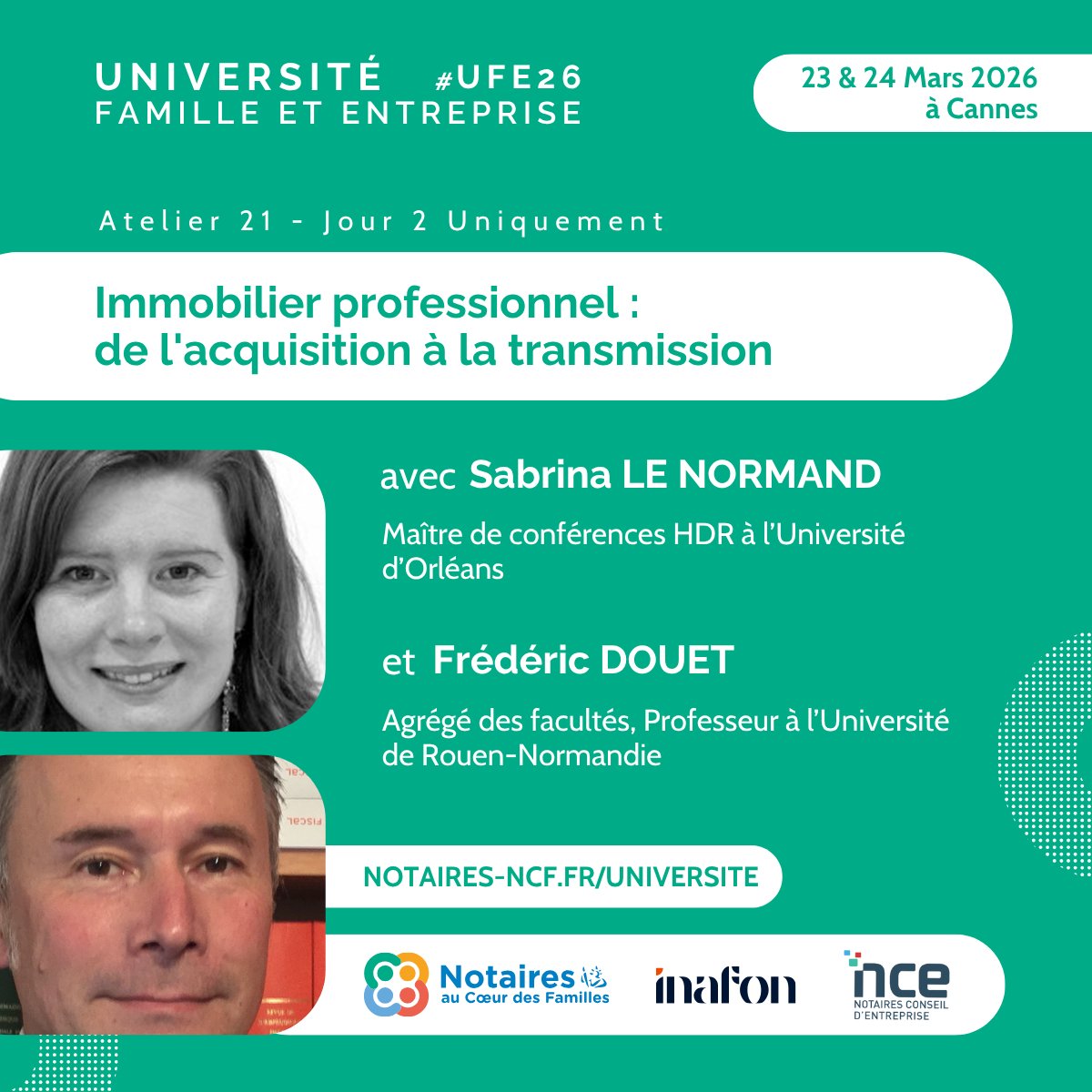 [UNIVERSITE FAMILLE &amp; ENTREPRISE 2026] #UFE26

✨ Atelier 21 : Immobilier professionnel : de l'acquisition à la transmission  🚀

📆 23 &amp; 24 Mars 2026
📍 Hôtel Barrière Le Majestic &amp; Gray d'Albion à Cannes

Places limitées ➡️ Inscrivez-vous maintenant : notaires-ncf.fr/universite/