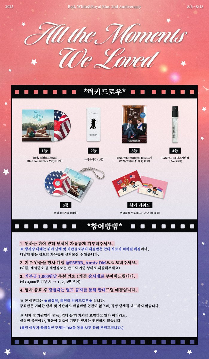RWRB_Anniv's tweet photo. 𝑨𝒍𝒍 𝒕𝒉𝒆 𝑴𝒐𝒎𝒆𝒏𝒕𝒔 𝑾𝒆 𝑳𝒐𝒗𝒆𝒅 🎞

✨️럭키드로우 품목 공개 ✨️

※ 행사장 내에는 퀴어 단체 및 기관으로부터 
제공받은 명함, 리플렛, 책자 등 안내 자료가 
비치되어 있습니다.

#알헨이_사랑하는_모든순간
#RWRB2ndAnniversary https://t.co/WEQIDoKlqz