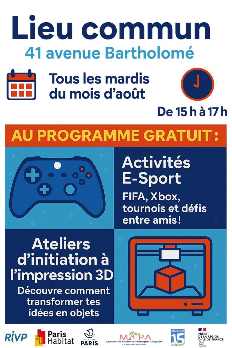Dans le cadre de « 15e en fête », le Lieu commun accueille chaque mardi après-midi des activités ludiques d’initiation à l’esport et à l’impression 3D encadrées par des éducateurs spécialisés de la <a href="/mapavx/">Mapa</a>. <a href="/Paris_Habitat/">Paris Habitat</a> <a href="/Prefet75_IDF/">Préfecture de la région d’Île-de-France</a> #esport #3D #QPV