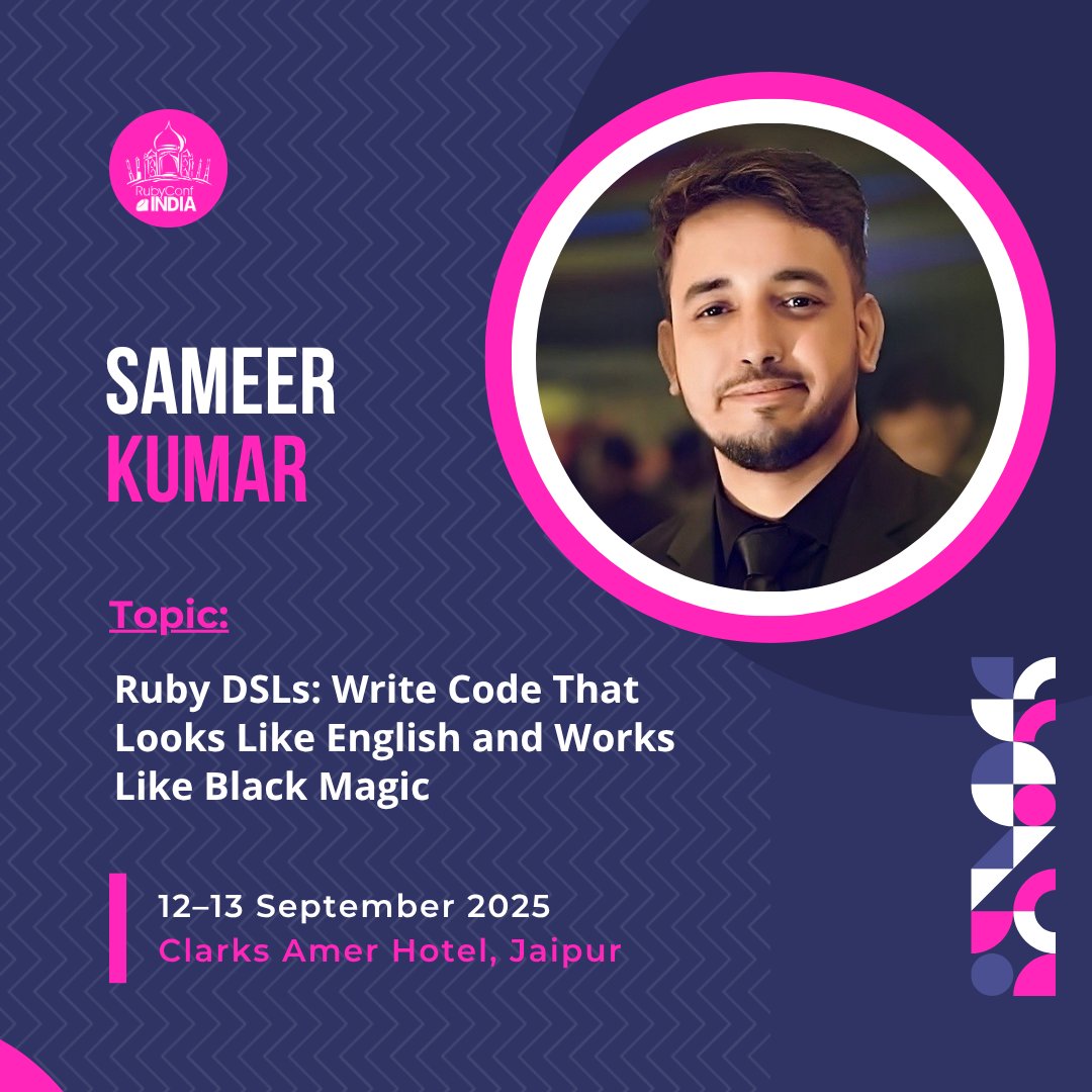 #SpeakerAlert
We’re thrilled to welcome Sameer Kumar to RubyConf India 2025! Let’s explore the magic behind the syntax.

Register now: shorturl.at/eOhB0
#RCI2025 #RubyConfIndia