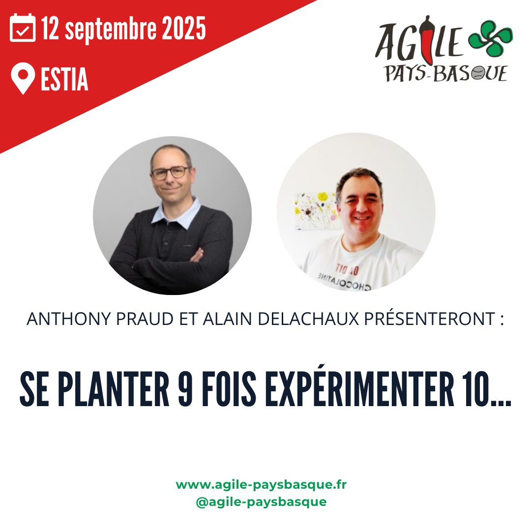 agilepb's tweet image. 🎤 Anthony Praud et Alain Delachaux Alain Delachaux seront sur scène à Agile Pays Basque 2025 !
🗣️ Talk : "Se planter 9 fois expérimenter 10..."
👉 La billetterie : helloasso.com/associations/a…
👉 Le programme : agile-paysbasque.fr/programme/