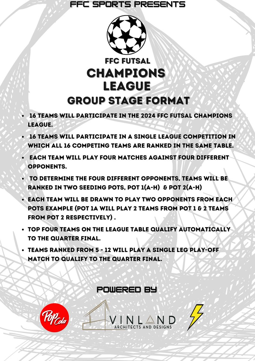 ffcchampions25's tweet photo. FFC FUTSAL CHAMPIONS LEAGUE 2025 SEASON.

GROUP STAGE FORMAT

THE FFC CHAMPIONS LEAGUE 2025.

#FFCCHAMPS2.0. https://t.co/g6A2slBoZA