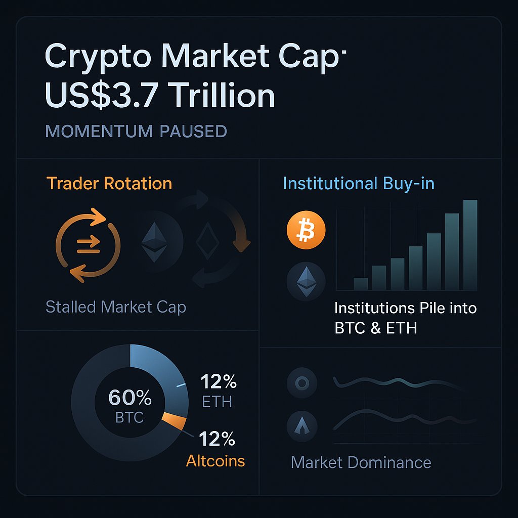 JoKhaliffa's tweet photo. 🚨 Crypto Market Cap stalls at $3.7 Trillion
🔁 Traders rotate out of altcoins
🏦 Institutions double down on BTC &amp; ETH
📊 BTC dominance at 60%, ETH at 12%
Momentum paused, but the big money is moving smart.
#Bitcoin #Ethereum #CryptoMarket #InstitutionalAdoption #Altcoins #DeFi https://t.co/ubUzyNBFXM