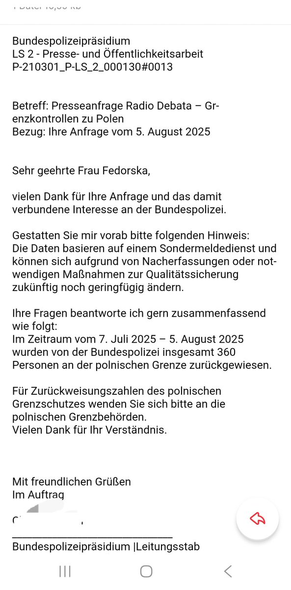 Aleksandra Fedorska (@a_fedorska) on Twitter photo W skali miesiąca Niemcy wydalili w formie Zurückweisung od 7 lipca do 5 sierpnia 360 osób do Polski! 
Szanowna Pani Fedorska,
Dziękujemy za zapytanie i zainteresowanie Policją Federalną.
Z góry pozwolę sobie na następującą uwagę:
Dane opierają się na specjalnej usłudze W skali miesiąca Niemcy wydalili w formie Zurückweisung od 7 lipca do 5 sierpnia 360 osób do Polski! 
Szanowna Pani Fedorska,
Dziękujemy za zapytanie i zainteresowanie Policją Federalną.
Z góry pozwolę sobie na następującą uwagę:
Dane opierają się na specjalnej usłudze