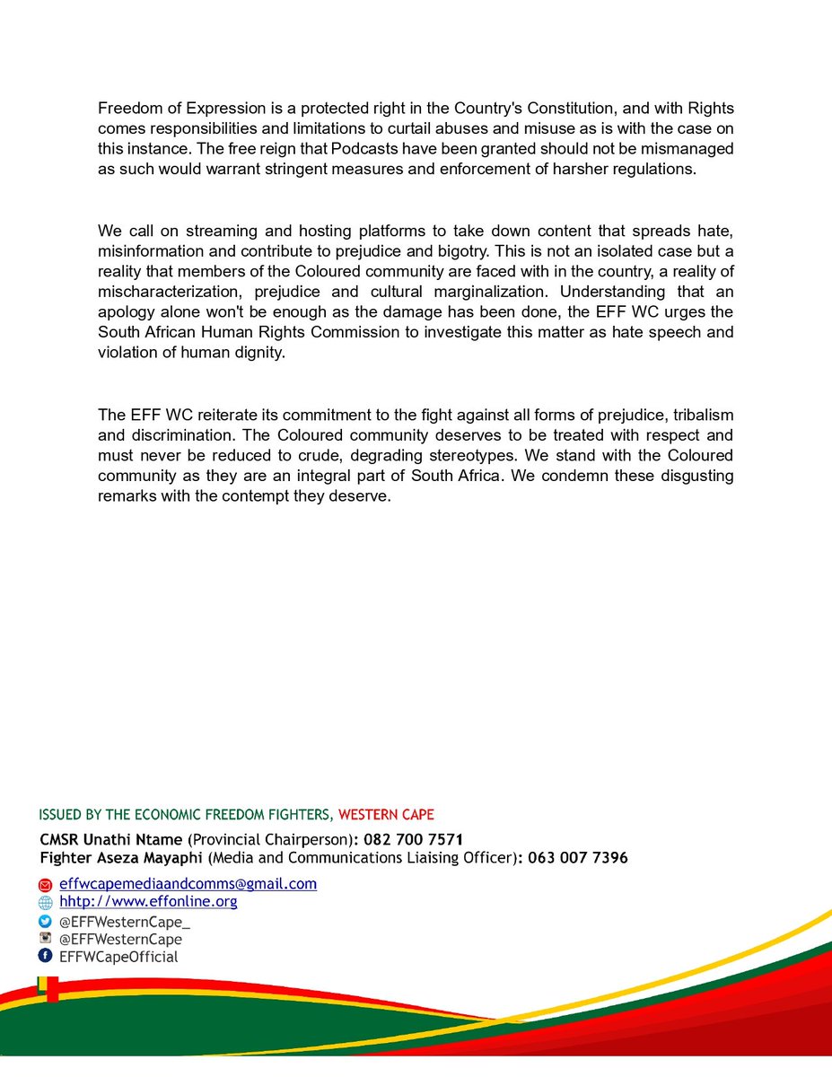 EFF WESTERN CAPE STATEMENT ON THE OPEN CHATS PODCAST BIGOTRY AND DESPICABLE STEREOTYPING OF THE COLOURED COMMUNITY.