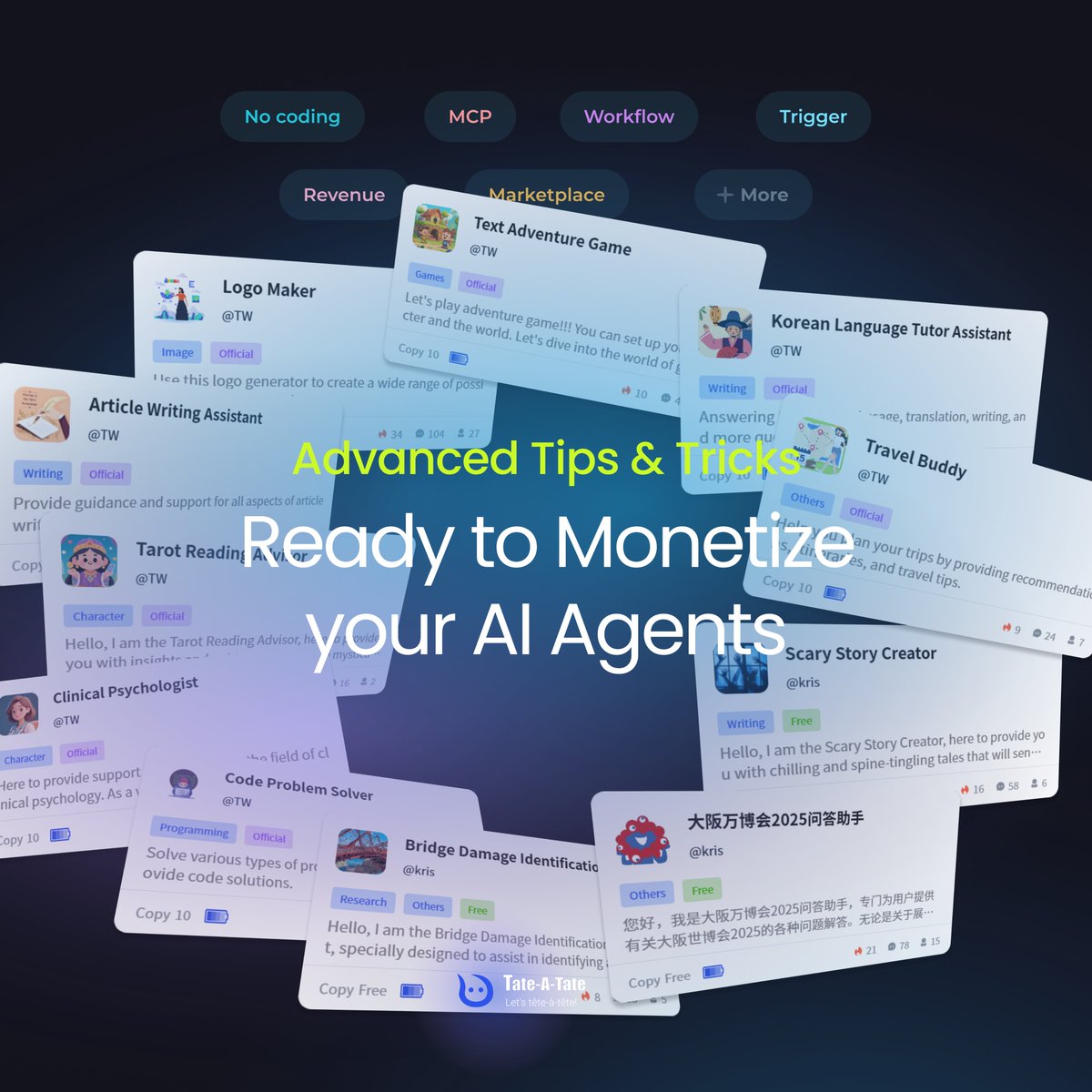 TateATate_AI's tweet image. 🚀 Ready to monetize your AI agents? Our new marketplace makes it easy to set pricing and release your agents to the world. From setup to launch in just 3 simple steps! #AIAgents #NoCode #Marketplace #AIStartup #CreativeTech #HackerCulture #ProductPeople #BuildTheFuture
