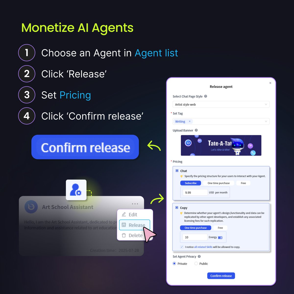 TateATate_AI's tweet image. 🚀 Ready to monetize your AI agents? Our new marketplace makes it easy to set pricing and release your agents to the world. From setup to launch in just 3 simple steps! #AIAgents #NoCode #Marketplace #AIStartup #CreativeTech #HackerCulture #ProductPeople #BuildTheFuture