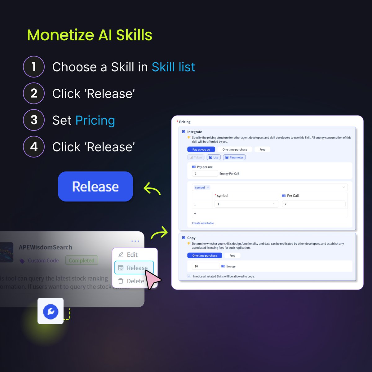 TateATate_AI's tweet image. 🚀 Ready to monetize your AI agents? Our new marketplace makes it easy to set pricing and release your agents to the world. From setup to launch in just 3 simple steps! #AIAgents #NoCode #Marketplace #AIStartup #CreativeTech #HackerCulture #ProductPeople #BuildTheFuture
