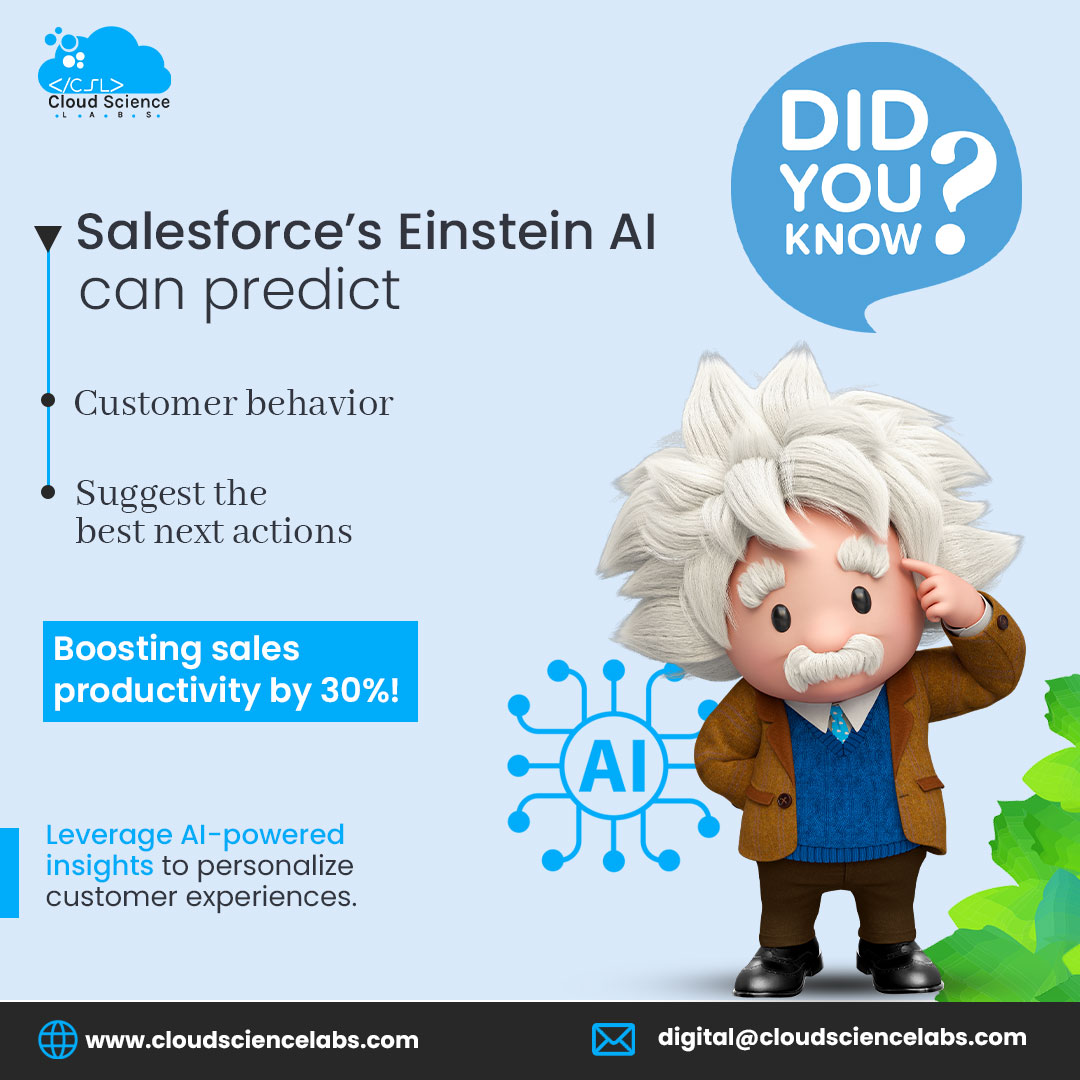 labs_science's tweet image. Salesforce Einstein AI helps businesses predict what customers want before they ask!

Sell 30% more with smart, simple AI.

Cloud Science Labs customizes it to your sales process.

📩 digital@cloudsciencelabs.com

#EinsteinAI #Salesforce #CloudScienceLabs