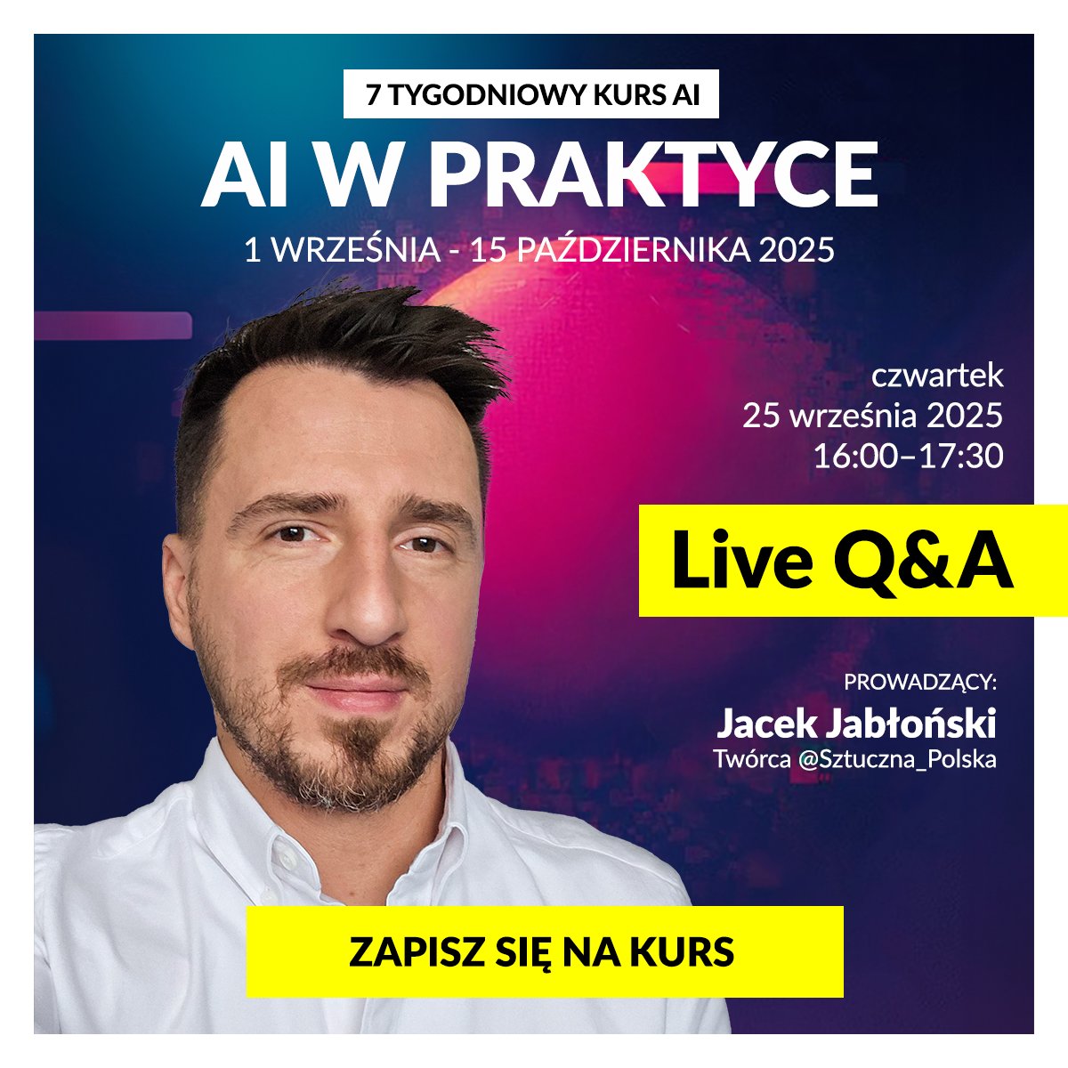 Możliwe, że nie znacie jego twarzy.
Ale bardzo możliwe, że kojarzycie Stańczyka w ciele żaby 🐸

Twórca, który zamiast pędzla używa promptu, a zamiast klasycznej satyry - sztucznej inteligencji.
Jacek Jabłoński - grafik, fotograf i umysł stojący za profilem @Sztuczna_Polska.