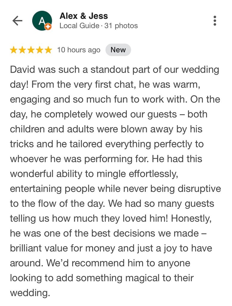 DavidFoxMagic's tweet photo. Thank you Alex and Jess for taking the time to leave such lovely feedback. It was a tremendous pleasure and a privilege to be part of your wedding day. 😊 #wedding #feedback #magic #congratulations #davidfox #davidfoxmagic #magician #entertainer https://t.co/wLxFrmBvG0