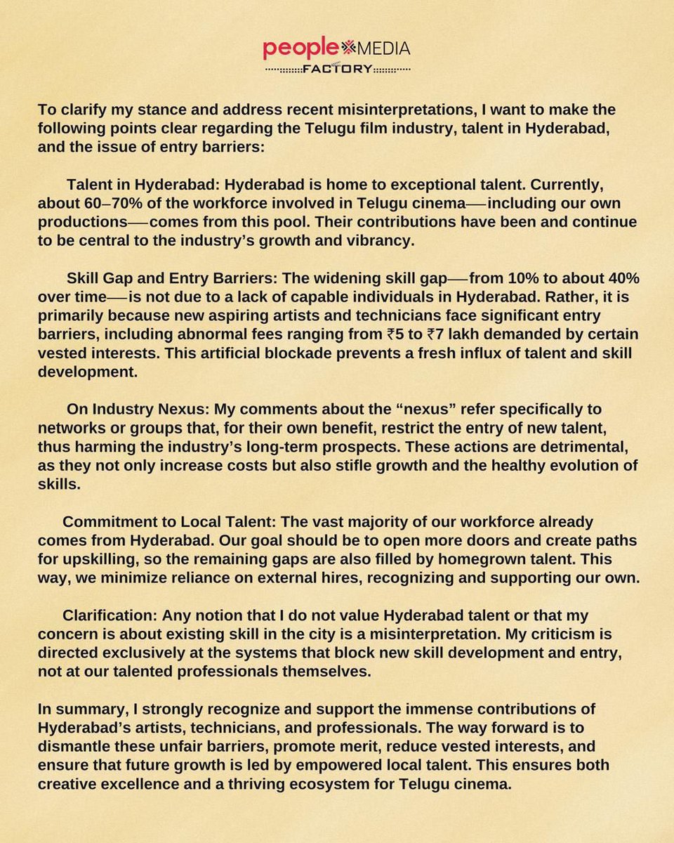 Producer T.G. Vishwa prasad garu, clarify and address recent misinterpretations about the Telugu film industry, talent in Hyderabad, and entry barriers

<a href="/vishwaprasadtg/">Vishwa Prasad</a>