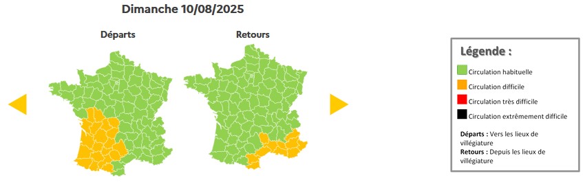 ℹ️#InfoTrafic 
🚗Ce week-end, les routes seront fortement empruntées dans les deux sens sur l'ensemble du territoire.

Dans les #AlpesMaritimes
🟨 difficile samedi 9 août pour les départs et les retours.
🟨 difficile dimanche 10 août pour les retours.
En savoir plus :