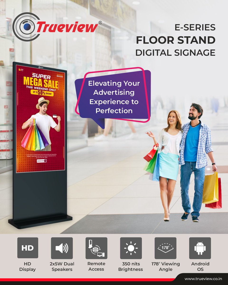 Trueview_India's tweet image. Bring your ads to life with Trueview&apos;s E-Series Floor Stand Digital Signage! HD display, remote access &amp;amp; wide viewing angle for effortless brand visibility. 🌟 

#DigitalSignage #RetailTech #AdvertisingSolutions #TechForBusiness #InStoreDisplays #EffectiveMarketing #MadeInIndia