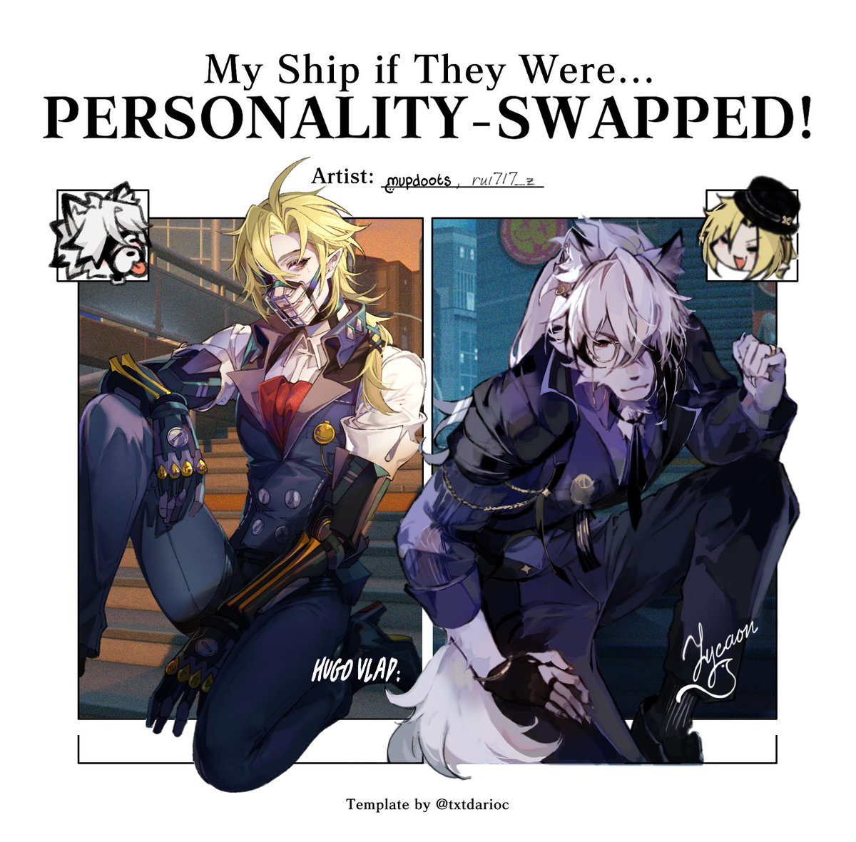 1 base, 2 artists, 4 individuals prostating themselves before the abyss ft. art from the lovely <a href="/mupdoots/">mup 🌱</a>🤲 swap AU lore linked in thread🧵 below!! #lycahugo