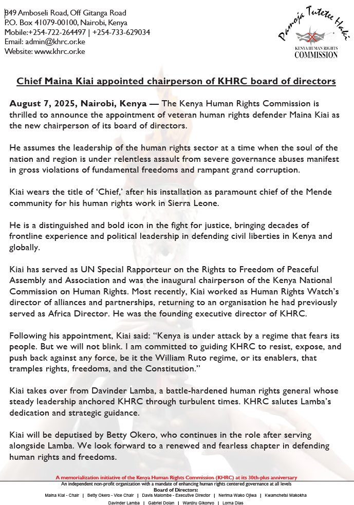 The Kenya Human Rights Commission remains in safe hands after Maina Kiai takes over as the Chair. 
This is to also to thank Davinder Lamba, the outgoing chair, for his longstanding leadership of the organization and of the human rights movement in Kenya.