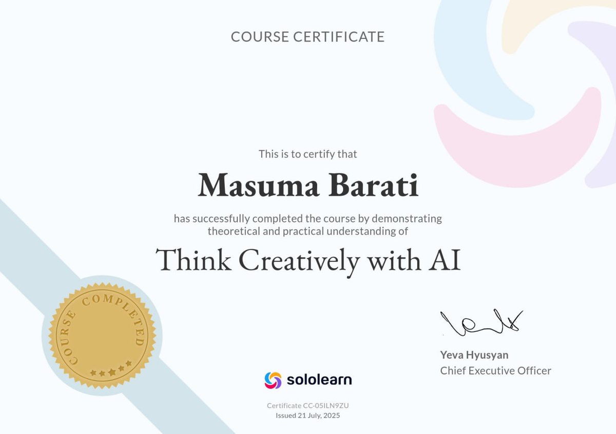 MasuMa_6410's tweet image. Just completed 4 SoloLearn courses: Brainstorming, Project Planning, Research, & Thinking Creatively with AI!
Loving how AI can boost creativity & productivity!
#AItools #FutureSkills #SoloLearn #CreativeThinking #AIinEducation #LearnWithAI #AIforEveryone #DigitalSkills