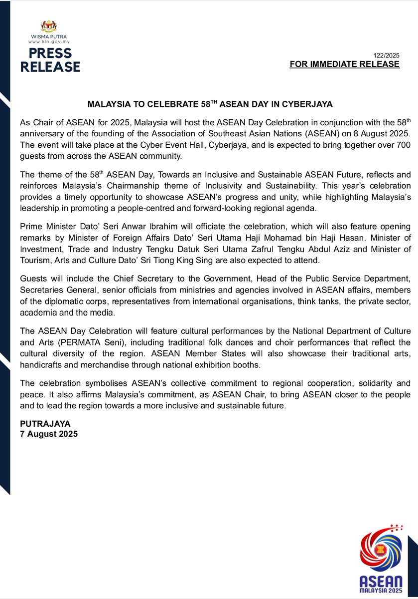MalaysiaMFA's tweet image. PRESS RELEASE: MALAYSIA TO CELEBRATE 58TH ASEAN DAY IN CYBERJAYA
