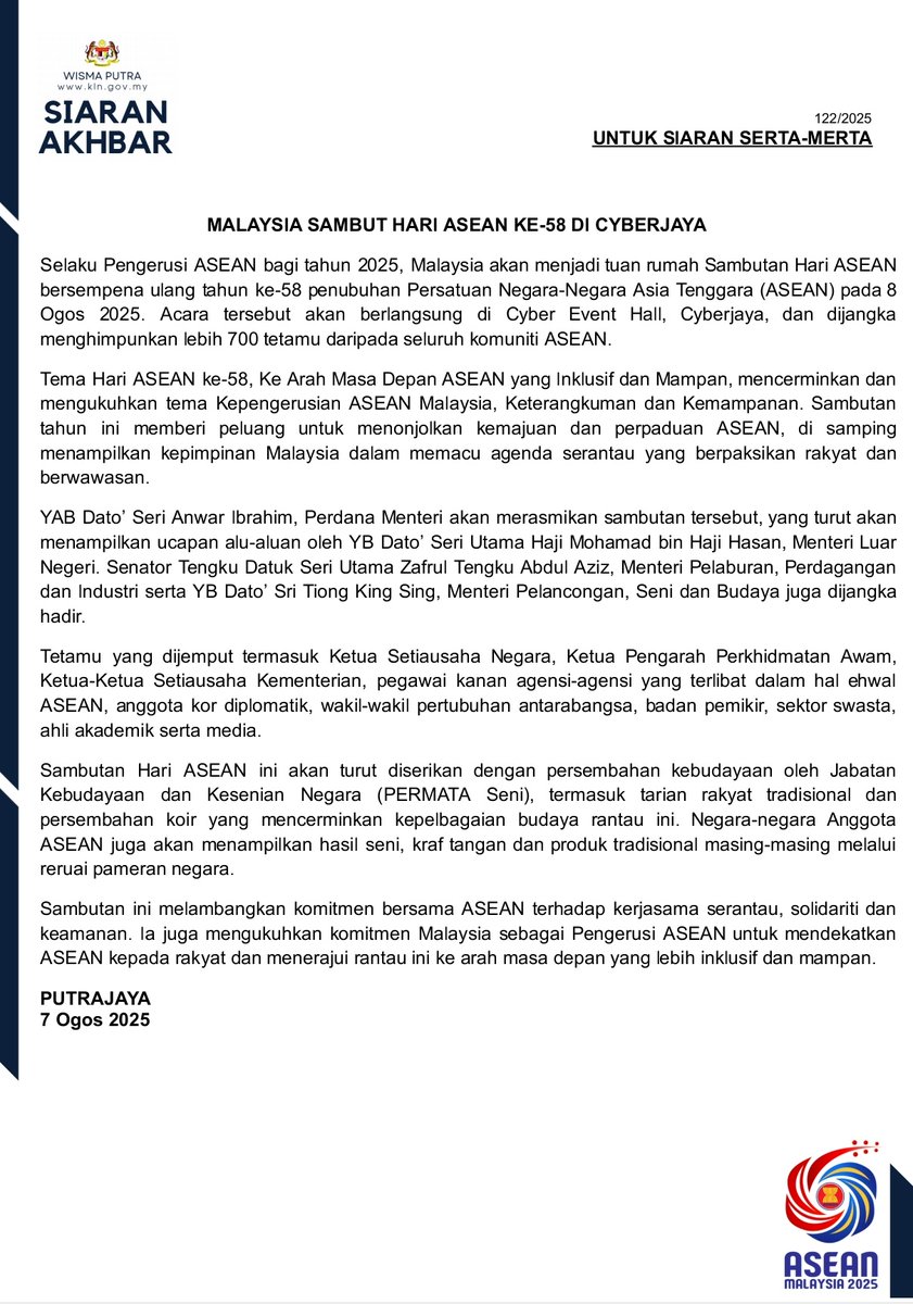 PRESS RELEASE: MALAYSIA TO CELEBRATE 58TH ASEAN DAY IN CYBERJAYA