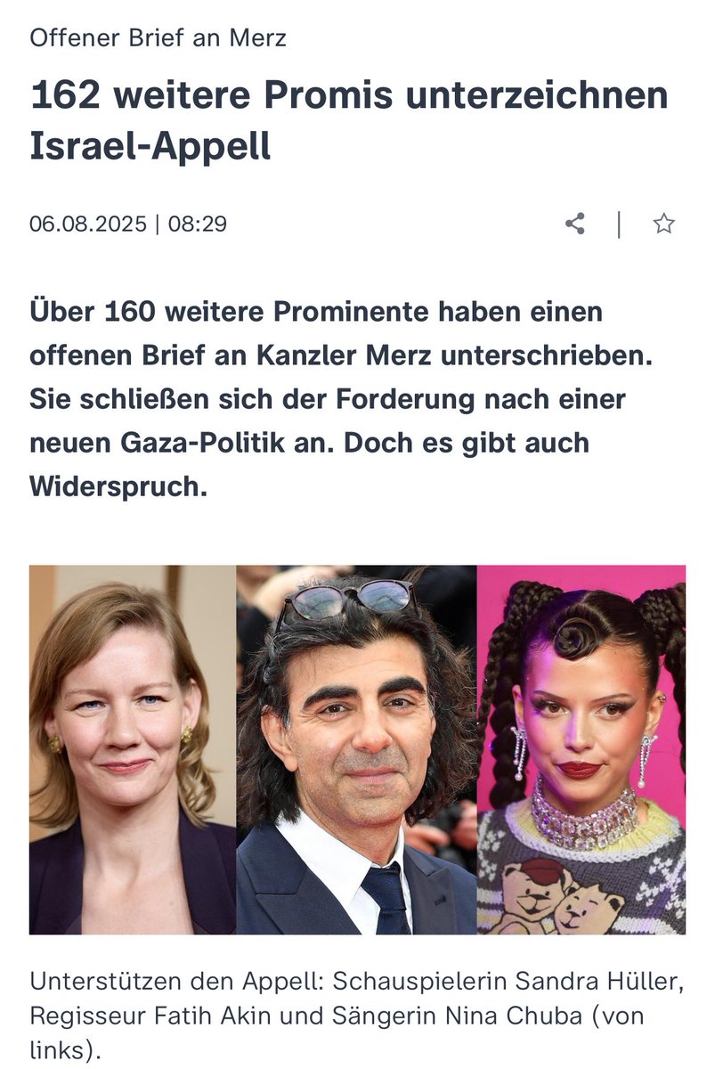 Kein Ton zum Massaker an Drusen in Syrien. Kein Wort zu den unterdrückten Kurden. Kein Aufschrei zu den vergewaltigten Frauen vom 7. Oktober.

Aber wenn es gegen Israel geht – dann sind 162 deutsche „Stars“ plötzlich hellwach. Offene Briefe, Fake News und Doppelmoral. 

Euch