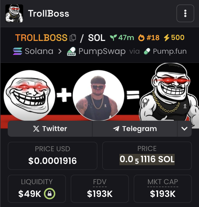 As promised i will send 20 $SOL to someone who just like this tweet &amp; follow me.

Comment "done" when done.

Found a low cap coin which has 100x-1000x potential!

#TROLLBOSS just went live and with $TROLL sitting at $200 million market cap and $BOSS at 20m , potential for