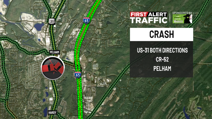 WBRC 6 Traffic (@wbrctraffic) on Twitter photo First Alert:
There is a crash on US-31 at CR-52 in #Pelham impacting both directions. <a href="/WBRCnews/">WBRC 6 News</a> #wbrctraffic First Alert:
There is a crash on US-31 at CR-52 in #Pelham impacting both directions. <a href="/WBRCnews/">WBRC 6 News</a> #wbrctraffic