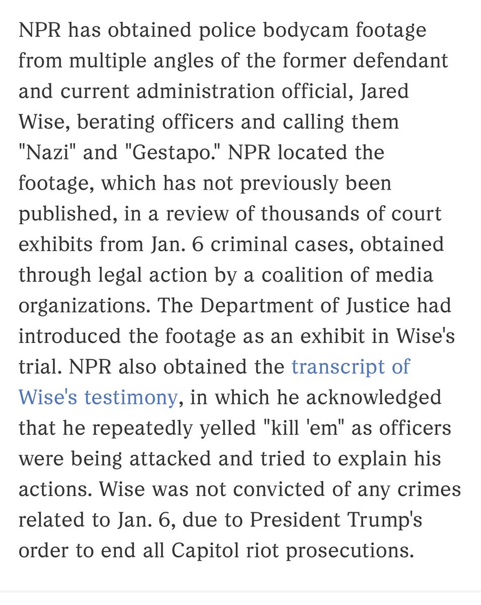 Steve Inskeep (@nprinskeep) on Twitter photo Another wild scoop on NPR from <a href="/TomDreisbach/">Tom Dreisbach</a>: Video shows a man on Jan. 6 shouting for the crowd to kill police: “Kill ‘em!” He admitted saying it.
One of Trump’s first acts in office was to cancel his trial and hire him for a job at the Justice Department. Another wild scoop on NPR from <a href="/TomDreisbach/">Tom Dreisbach</a>: Video shows a man on Jan. 6 shouting for the crowd to kill police: “Kill ‘em!” He admitted saying it.
One of Trump’s first acts in office was to cancel his trial and hire him for a job at the Justice Department.