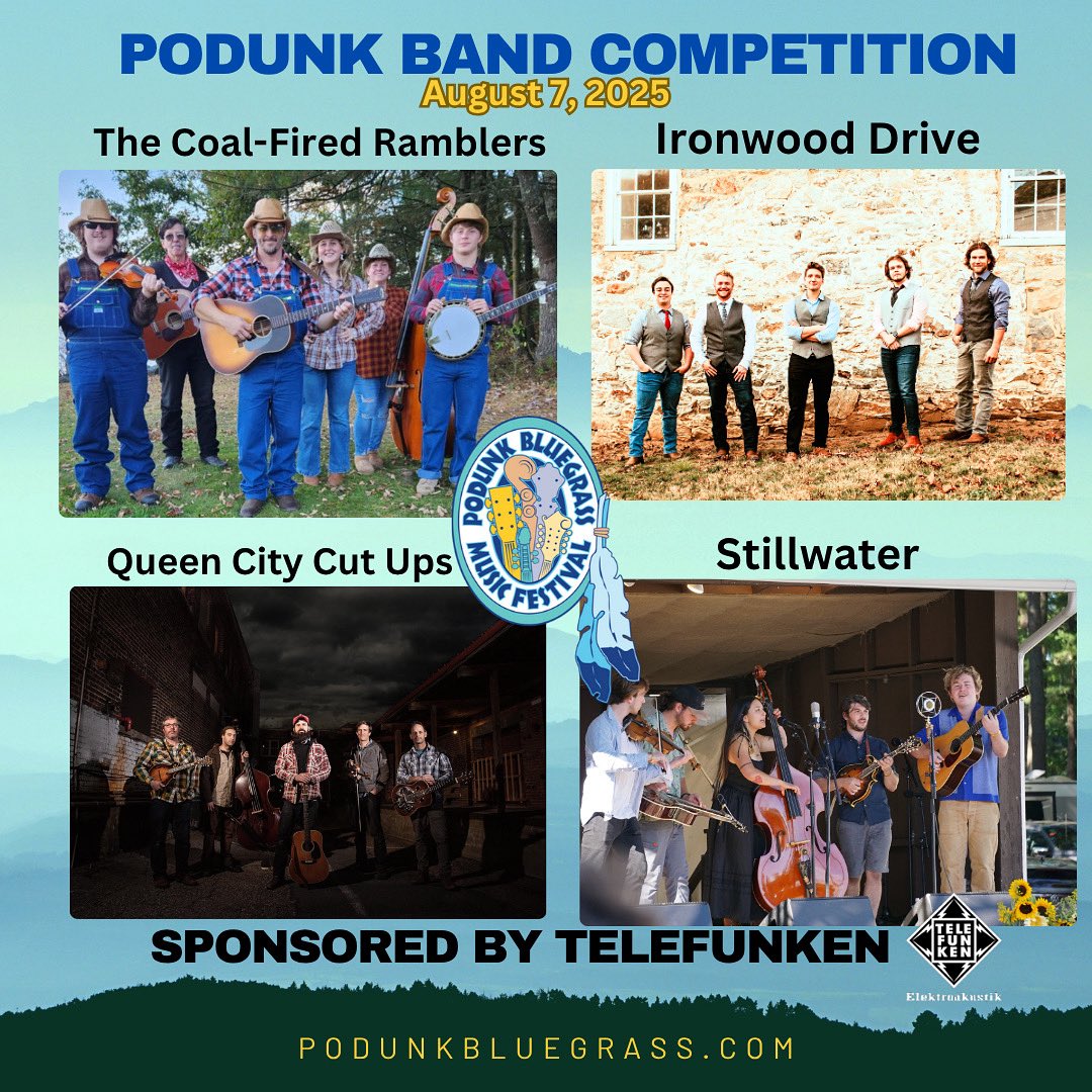 🎶 Thursday at the Podunk Bluegrass Festival is packed with music, excitement, and appreciation! 
🏆 Podunk/Telefunken Band Competition
Catch some of the best up-and-coming bluegrass bands as they compete for top honors — you might just discover your new favorite!