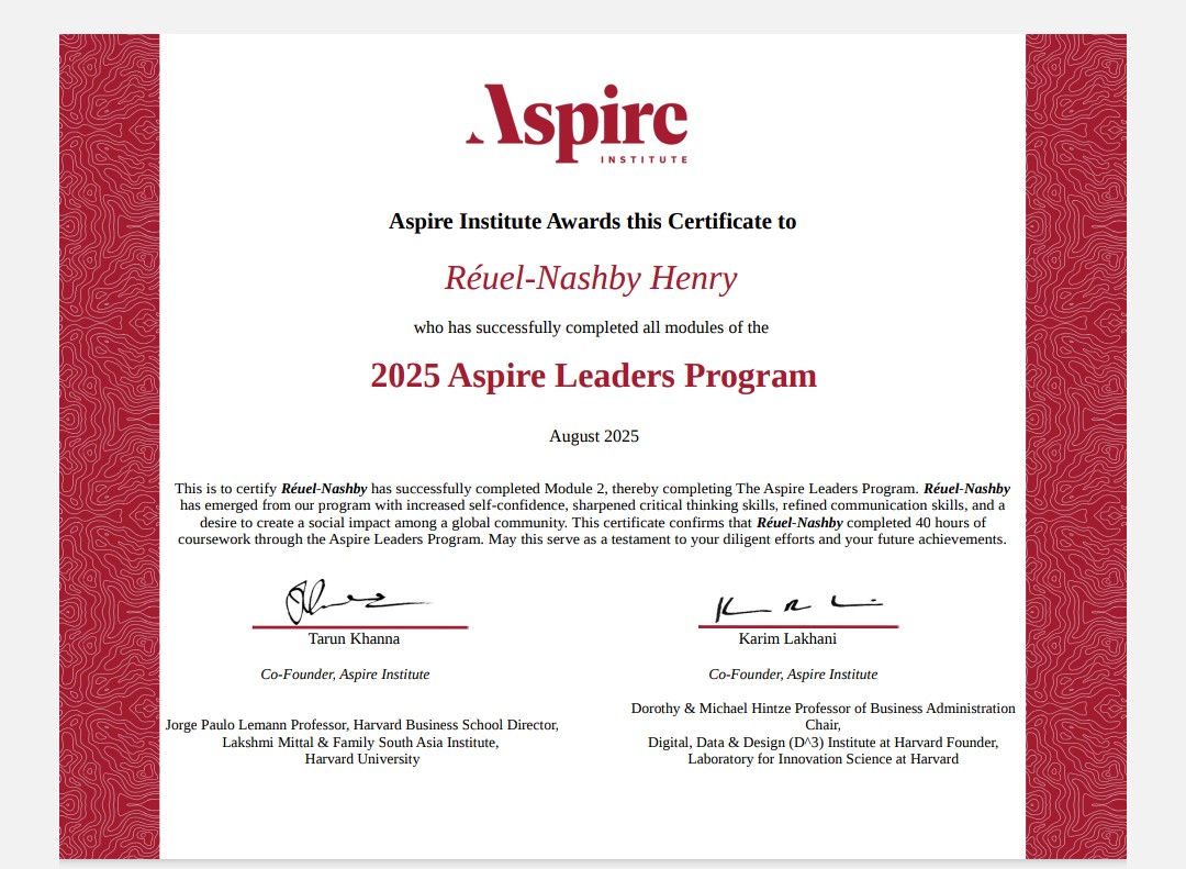 ReuelHenry3's tweet image. Finally, I have completed the Aspire Leaders Program 2025, cohorte 4; and to be very honest, it was not an easy journey. 

#aspireleadersprogram
#aspireinstitute
#AspireInspiresFirstGen
#LeadershipDevelopment #harvarduniversity #ALP25  #Haïti