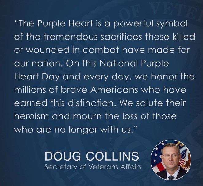 💜 NATIONAL PURPLE HEART DAY‼️

The Purple Heart, originally "Badge of Military Merit," was established  by General George Washington, 1782.

The Purple Heart medal is awarded to service members wounded or killed by enemy action.

National Purple Heart Honor Hall 
New Windsor, NY