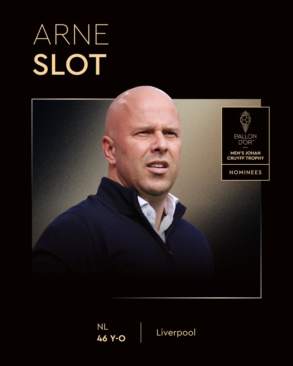 Ballon d'Or (@ballondor) on Twitter photo Nominated for the 2025 Men's Team Coach of the Year Trophy
Arne Slot
<a href="/LFC/">Liverpool FC</a>
#ballondor Nominated for the 2025 Men's Team Coach of the Year Trophy
Arne Slot
<a href="/LFC/">Liverpool FC</a>
#ballondor