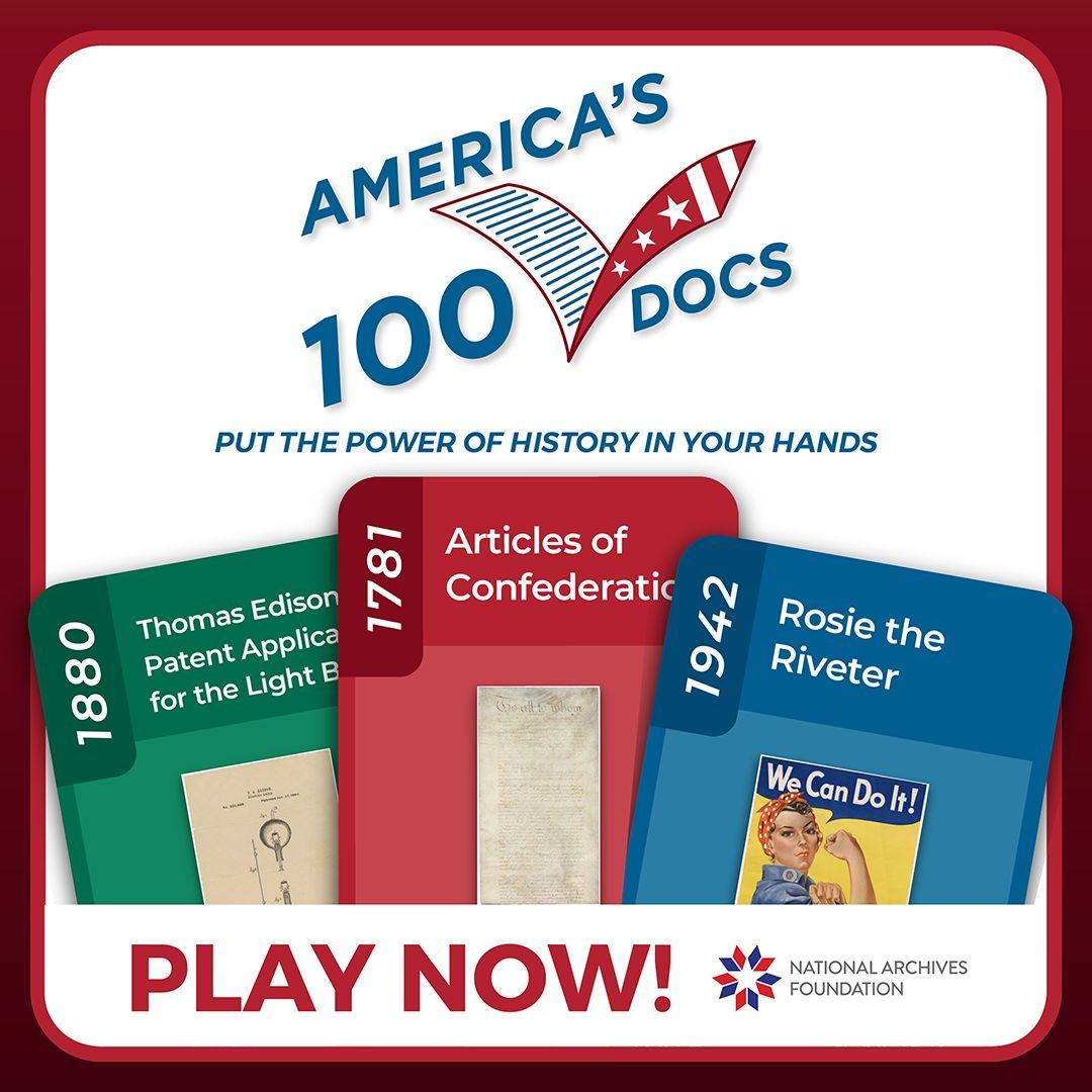 NationalHistory's tweet image. 100 historic documents. Only ONE will stand apart from the rest. America – it’s time for
YOU to decide!

📣 NHD is a proud partner of America&apos;s #100Docs, a new online game that puts the
power of history in your hands. Play today at 100docs.vote!