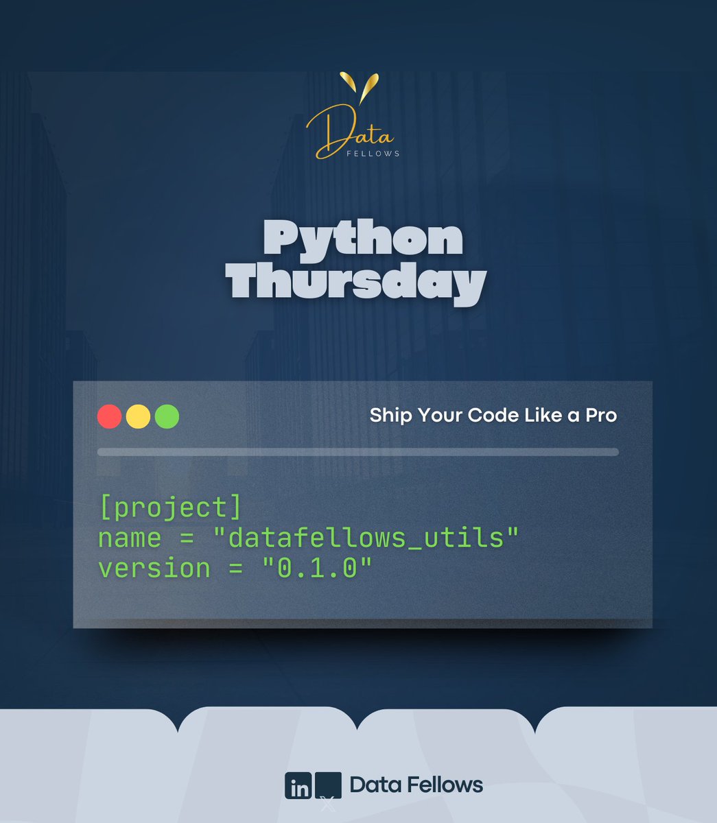 DatafellowsInfo's tweet image. Python Thursday 🐍
Want clean, modern Python packaging?
Use pyproject.toml — it&apos;s now preferred over setup.py for defining project structure and dependencies.

Fun Fact: Tools like Poetry and Hatch rely on it.

--
#Python #CodeShipping #Thursday #Digital