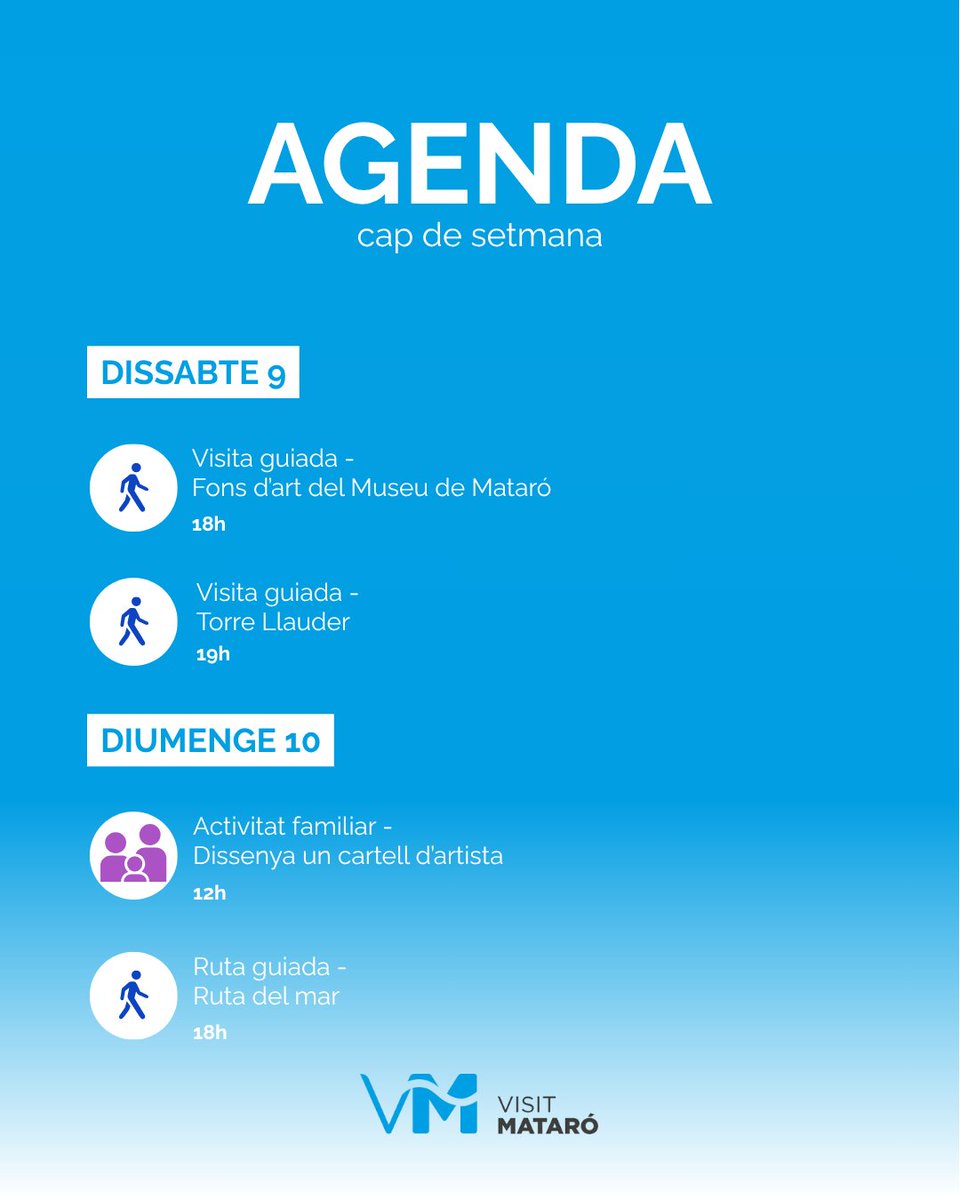 🗓️ AGENDA DEL CAP DE SETMANA 🗓️

Gaudeix de la ciutat amb les rutes i visites guiades per Mataró! 🚶🏻‍♀️‍➡️🚶🏻‍♂️‍➡️

🔗 Consulta tota la programació: visitmataro.cat/ca/agenda-2

#VisitMataró
