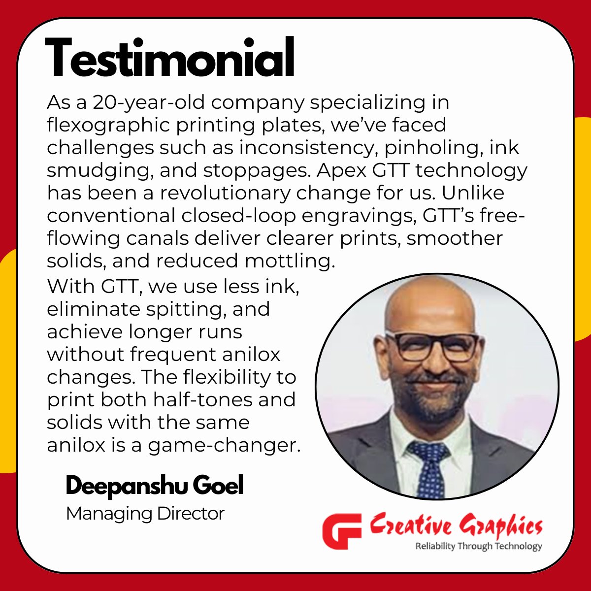 ✨ Creative Graphics: The GTT Revolution

GTT technology means fewer ink stoppages, smoother solids, and ultimate flexibility in flexo printing. Creative Graphics shares how Apex has transformed their operations. 🚀

#FlexoPrinting #GTTTechnology #PrintingInnovation