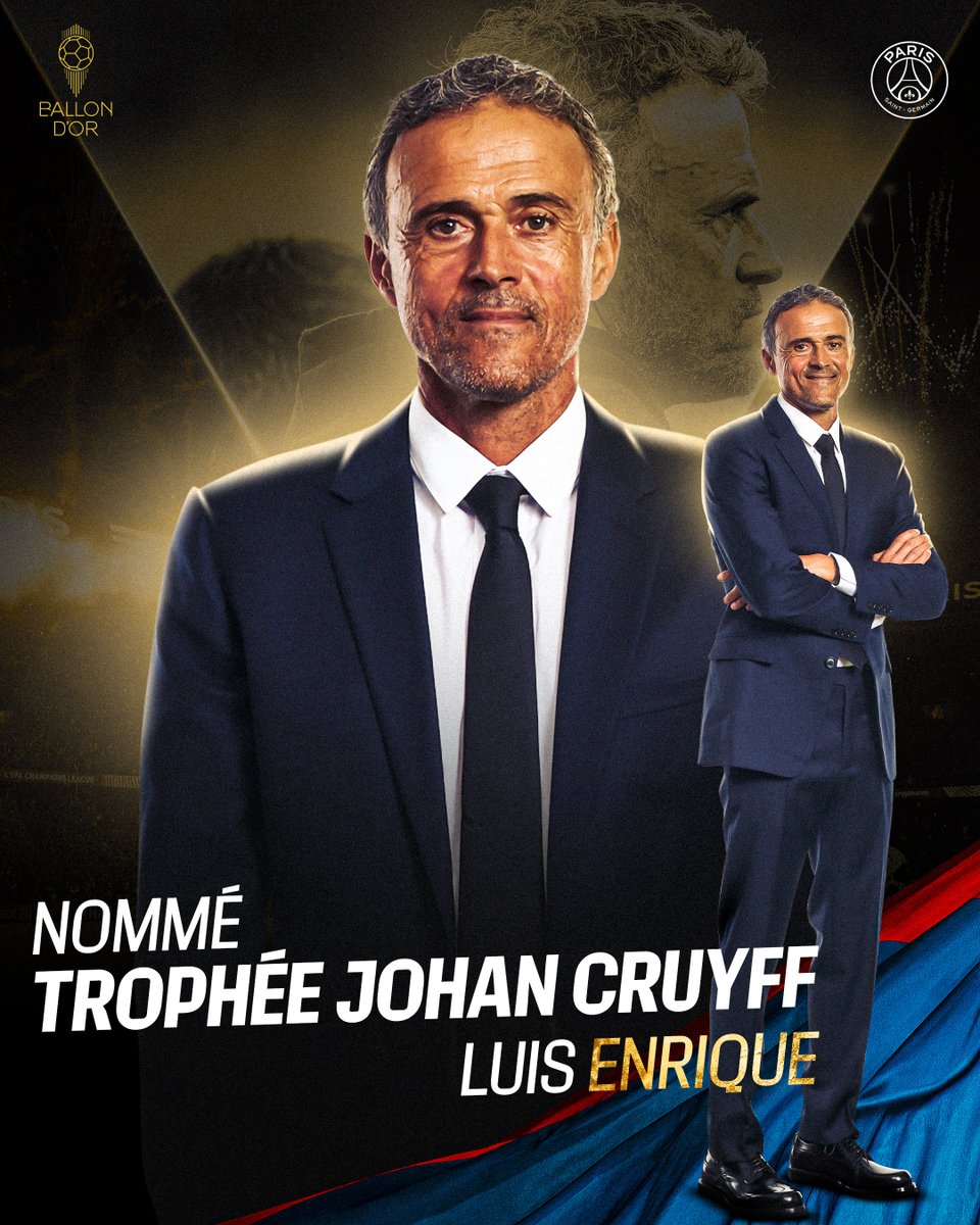 Notre entraîneur Luis Enrique est nommé pour le Trophée Johan Cruyff 2025. 
Une belle récompense pour l'ensemble de son travail à la tête de notre équipe ❤️💙

Bravo Coach ! ✨

#ballondor