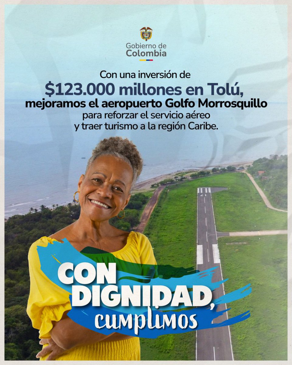 SuperTransporte 🇨🇴 (@supertransporte) on Twitter photo Este Gobierno le cumple a las regiones: más conectividad para potenciar el turismo y el desarrollo. ✈️🌴
En Tolú, el aeropuerto Golfo de Morrosquillo amplía su pista, abriendo nuevas oportunidades para el Caribe.
¡#ConDignidadCumplimos, el presidente <a href="/petrogustavo/">Gustavo Petro</a> nos cumplió! Este Gobierno le cumple a las regiones: más conectividad para potenciar el turismo y el desarrollo. ✈️🌴
En Tolú, el aeropuerto Golfo de Morrosquillo amplía su pista, abriendo nuevas oportunidades para el Caribe.
¡#ConDignidadCumplimos, el presidente <a href="/petrogustavo/">Gustavo Petro</a> nos cumplió!