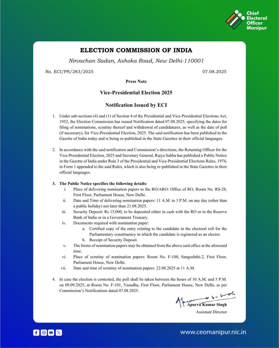 CeoManipur's tweet image. Vice-Presidential Election 2025

Notification Issued by ECI
@ECISVEEP @SpokespersonECI 

#ECI #CEOManipur #VPElection