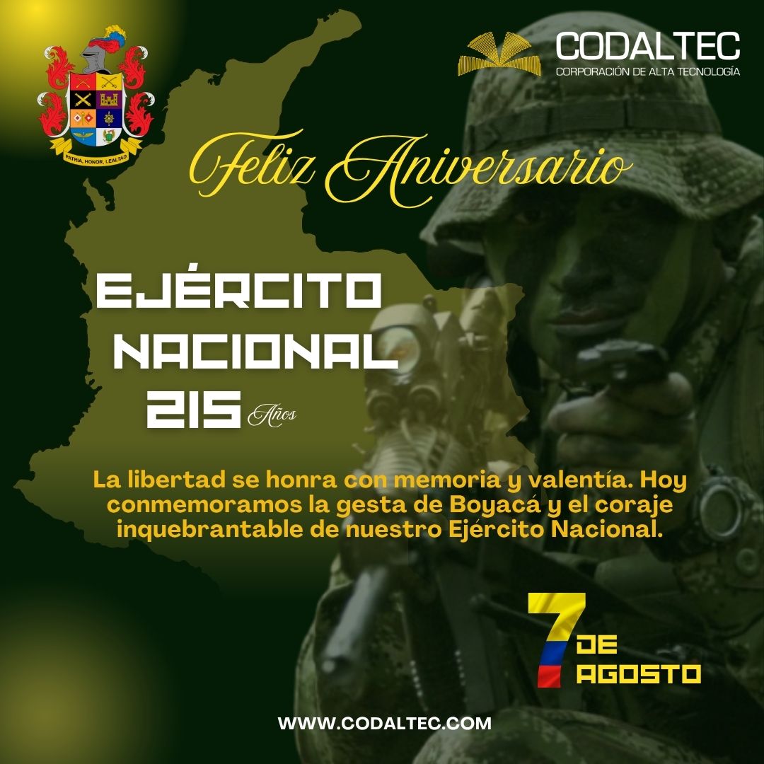 CODALTEC (@codaltec) on Twitter photo Conmemoramos los 215 años del Ejército Nacional y la victoria en la Batalla de Boyacá, símbolos de libertad, valor y compromiso con Colombia.
🎖️ ¡Honor a quienes protegen nuestra soberanía!
<a href="/COL_EJERCITO/">Ejército Nacional de Colombia</a> <a href="/FuerzasMilCol/">Fuerzas Militares de Colombia</a> #BatallaDeBoyacá #CODALTEC #215AñosDeHistoria #HonorYGloria Conmemoramos los 215 años del Ejército Nacional y la victoria en la Batalla de Boyacá, símbolos de libertad, valor y compromiso con Colombia.
🎖️ ¡Honor a quienes protegen nuestra soberanía!
<a href="/COL_EJERCITO/">Ejército Nacional de Colombia</a> <a href="/FuerzasMilCol/">Fuerzas Militares de Colombia</a> #BatallaDeBoyacá #CODALTEC #215AñosDeHistoria #HonorYGloria