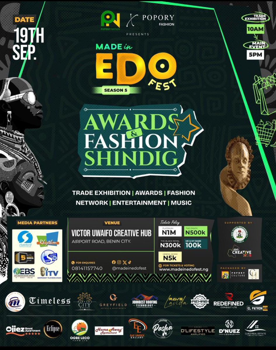 POPORY NATIONS PRESENT SEASON FIVE OF THE  MADE IN EDO AWARD AND FASHION.... MY EDO PEOPLE LETS DO IT AGAIN ✅ 

#EdoFest #MadeInEdo #PoporyNations

Cc <a href="/Tphly_official/">Man Like T-Phly</a>