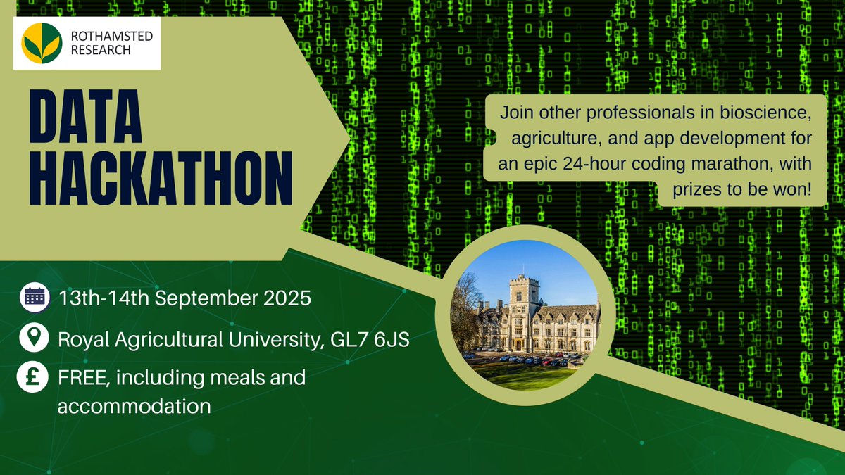 📣 Join us for a FREE weekend of coding, creativity &amp; collaboration in the Cotswolds! Dive into open data from Rothamsted’s world-class agri-science platforms &amp; compete for prizes. Spaces limited—book now!
tickettailor.com/events/rothams…
#Hackathon #OpenData #Agritech #data #STEM