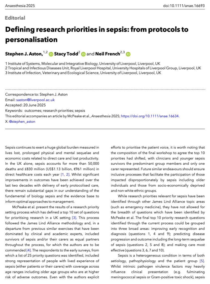 Anaes_Journal's tweet image. Editorial: Defining research priorities in sepsis: from protocols to personalisation

#anaesthesia #FreeForAWeek #sepsis #MedTwitter #ICU

doi.org/10.1111/anae.1…